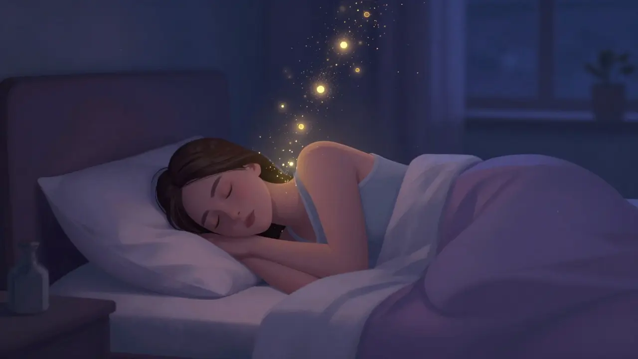 Peaceful sleeper surrounded by glowing CBN particles at night