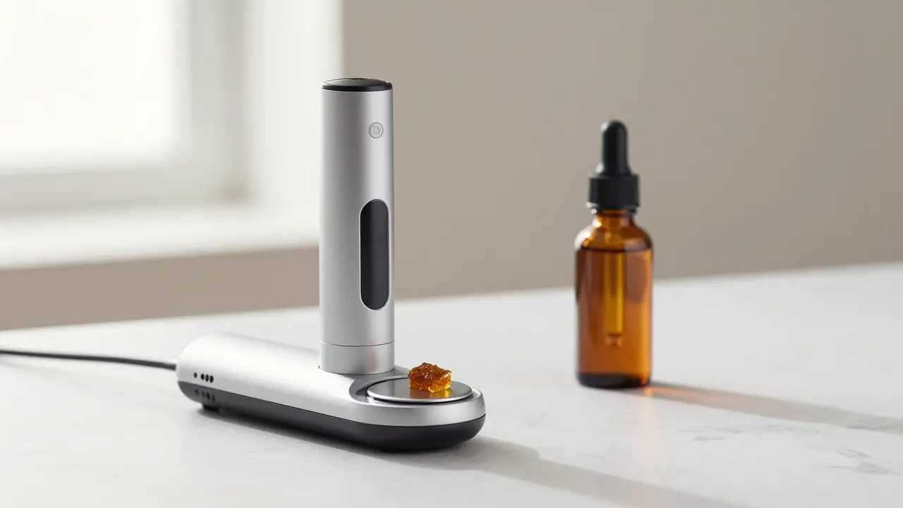 Vaporizér s CBD shatterem a lahvička s olejem na mramoru