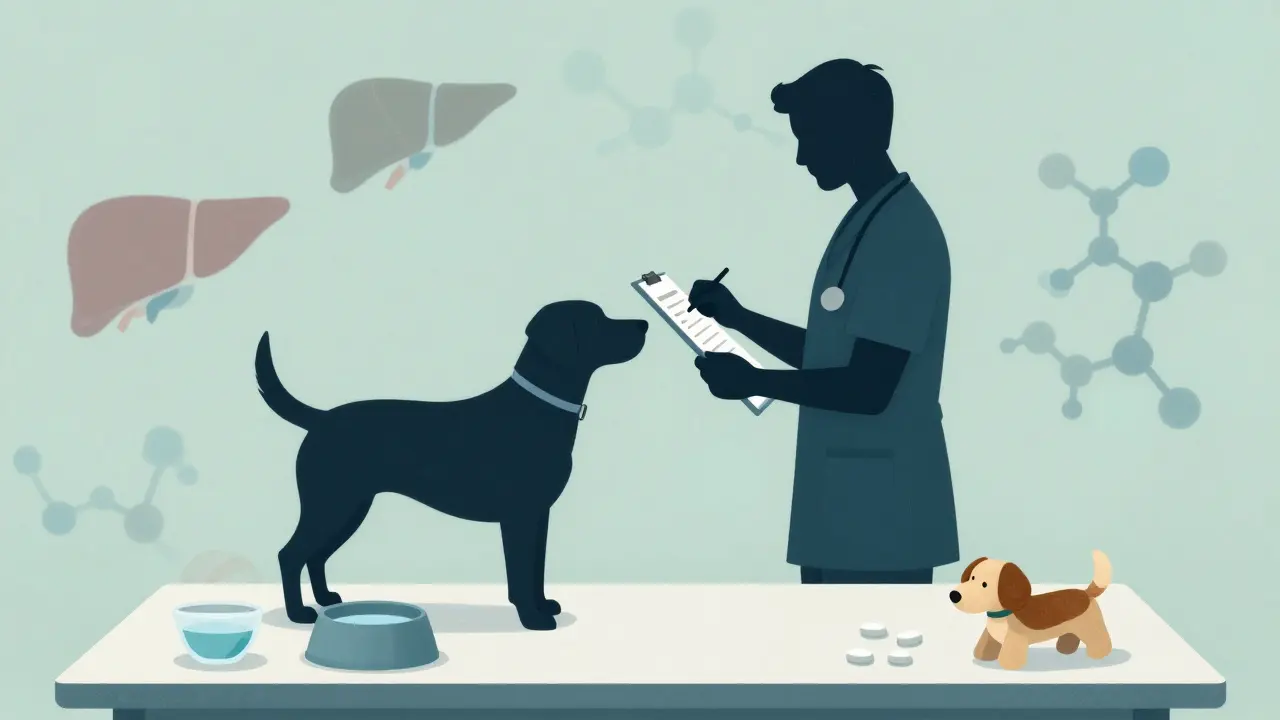 Veterinář konzultuje podávání doplňků stravy s majitelem psa