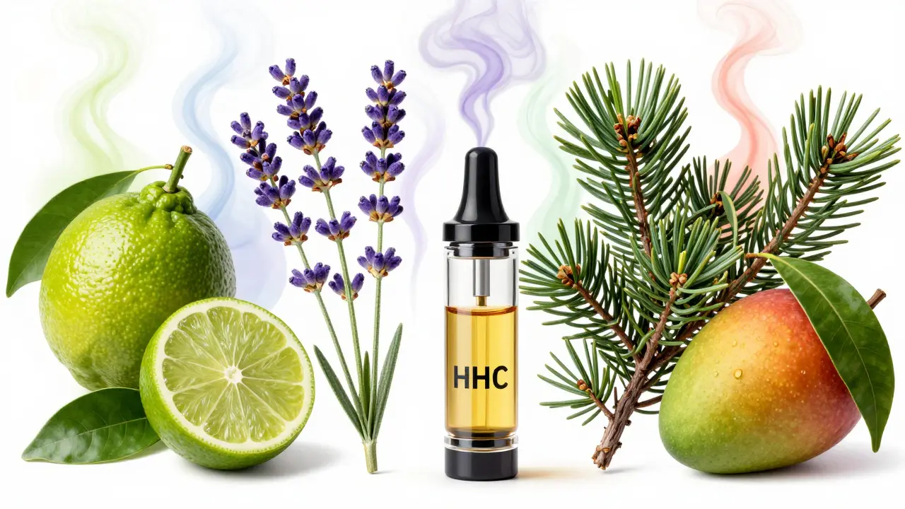 Botanická ilustrace terpenů jako citronu a levandule ovlivňujících účinek HHC