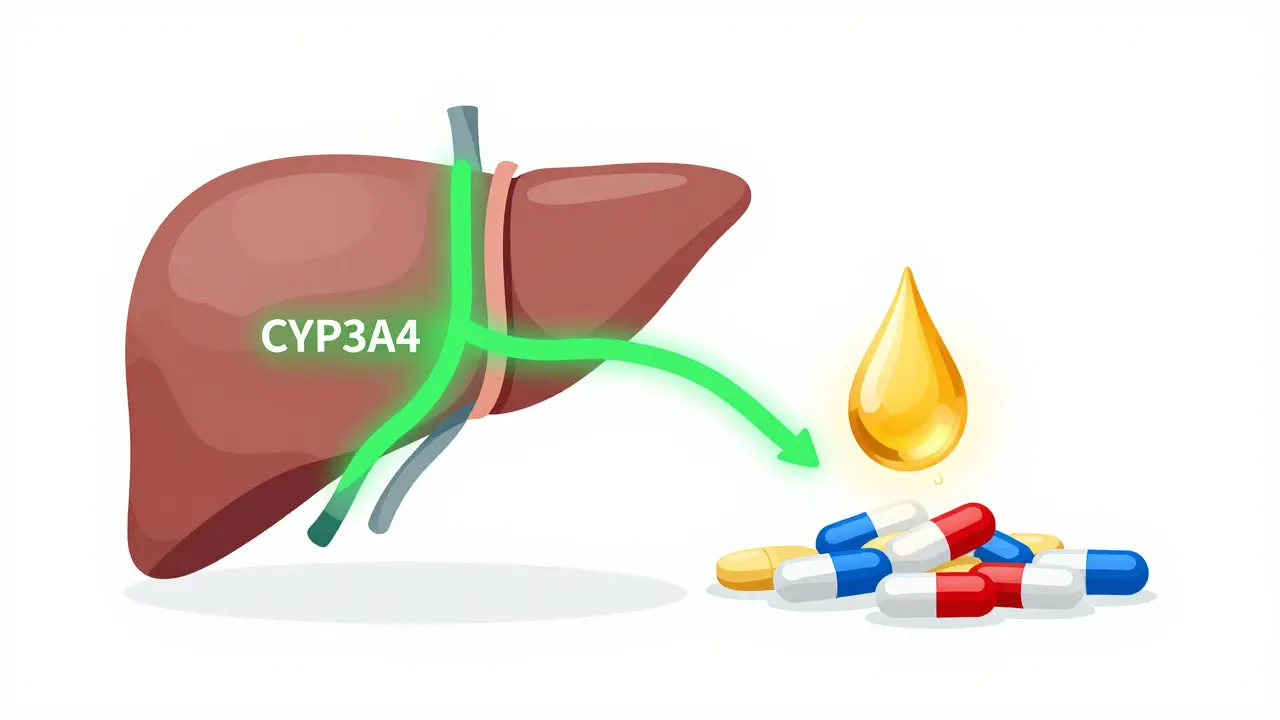 Ilustrace interakce CBD s léky v játrech