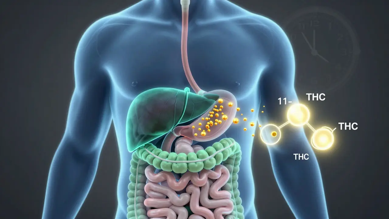 Ilustrace metabolismu THC v játrech s vizualizací času
