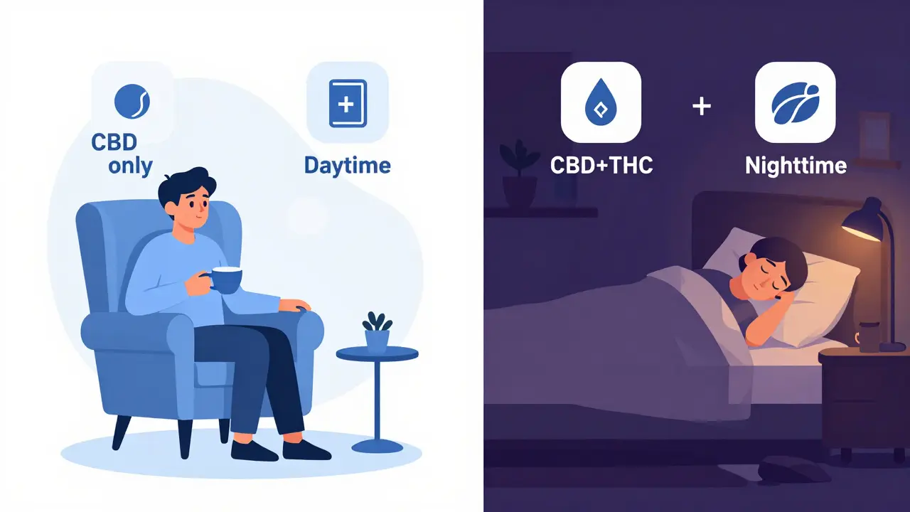 Ilustrace srovnávající denní relaxaci s CBD a noční spánek s THC