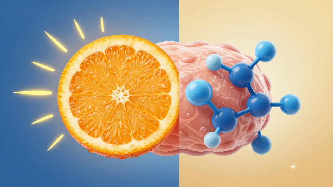 Konceptuální vizualizace vitamínu C a niacinamidu pro ochranu pleti