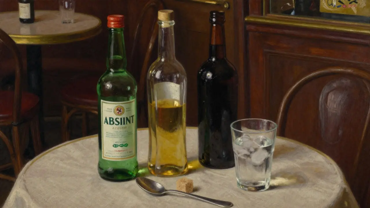 Lahev Pastisu, Ouzo a příslušenství na vintage stole