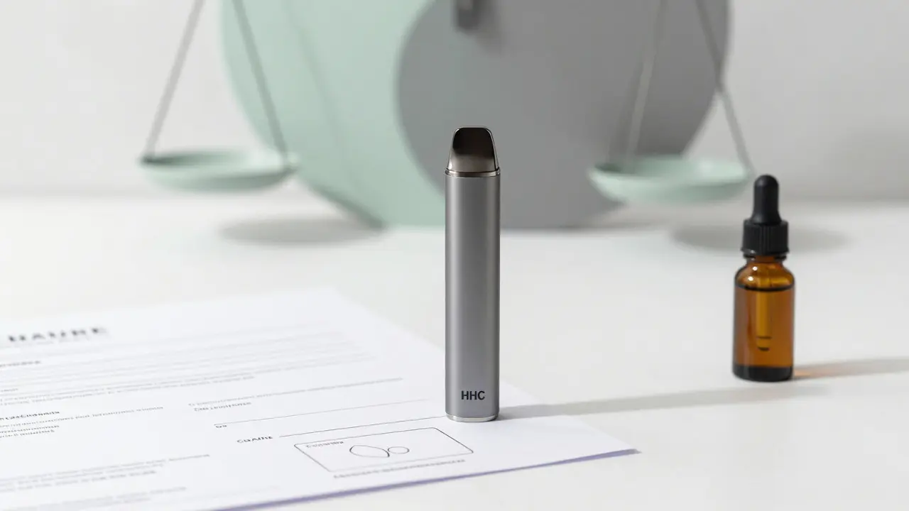 Minimalistické foto vape pera s certifikátem kvality a oleji na bílém pozadí