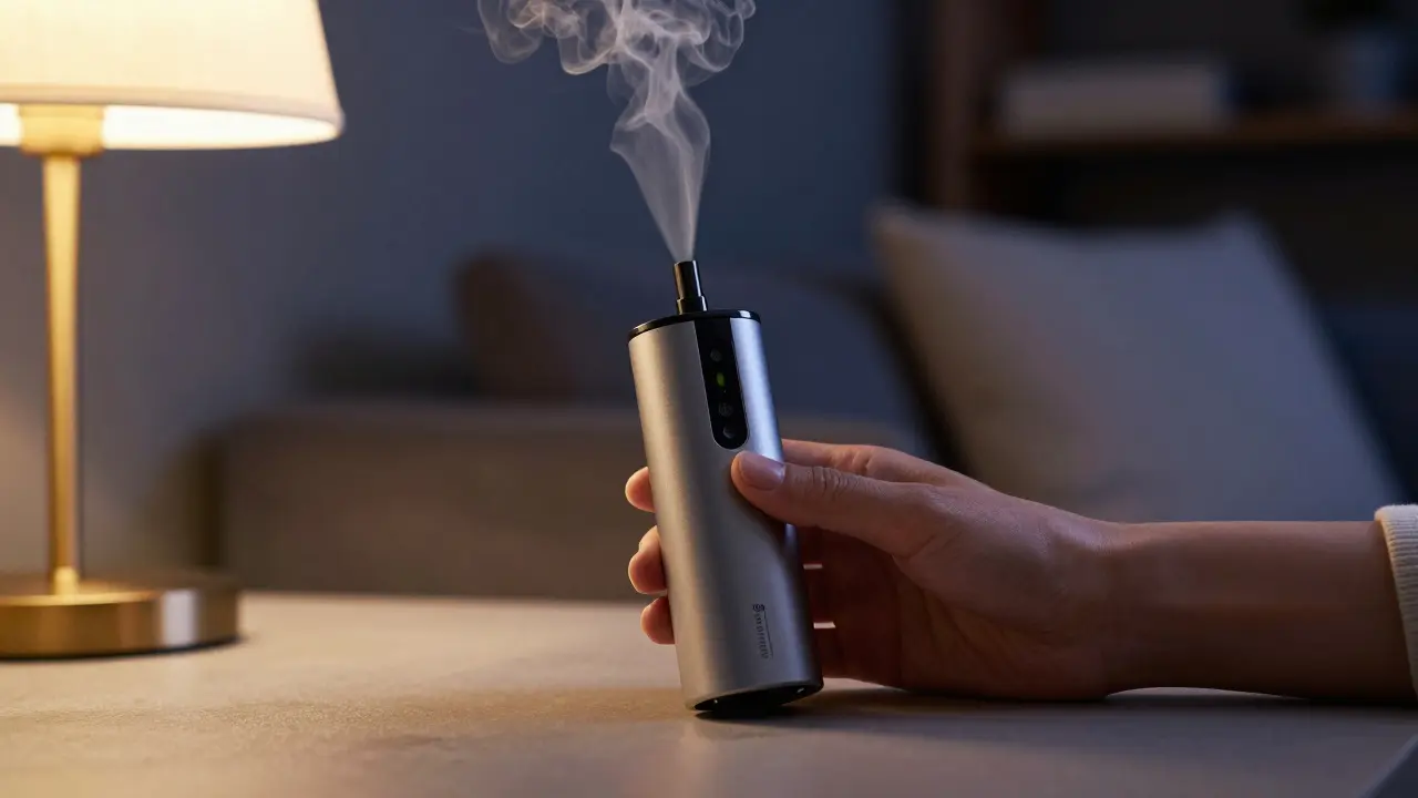 Moderní vaporizátor vydávající jemnou páru v útulné místnosti