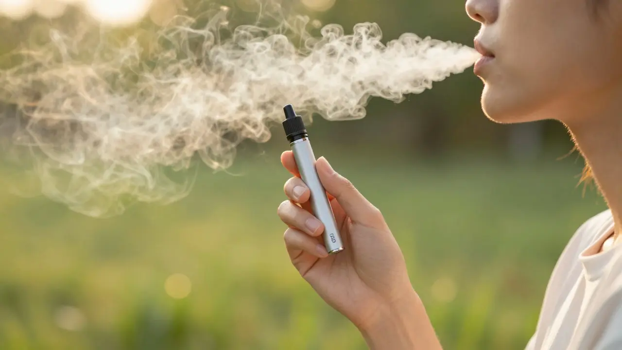Ruka držící vape pero při relaxačním nádechu venku