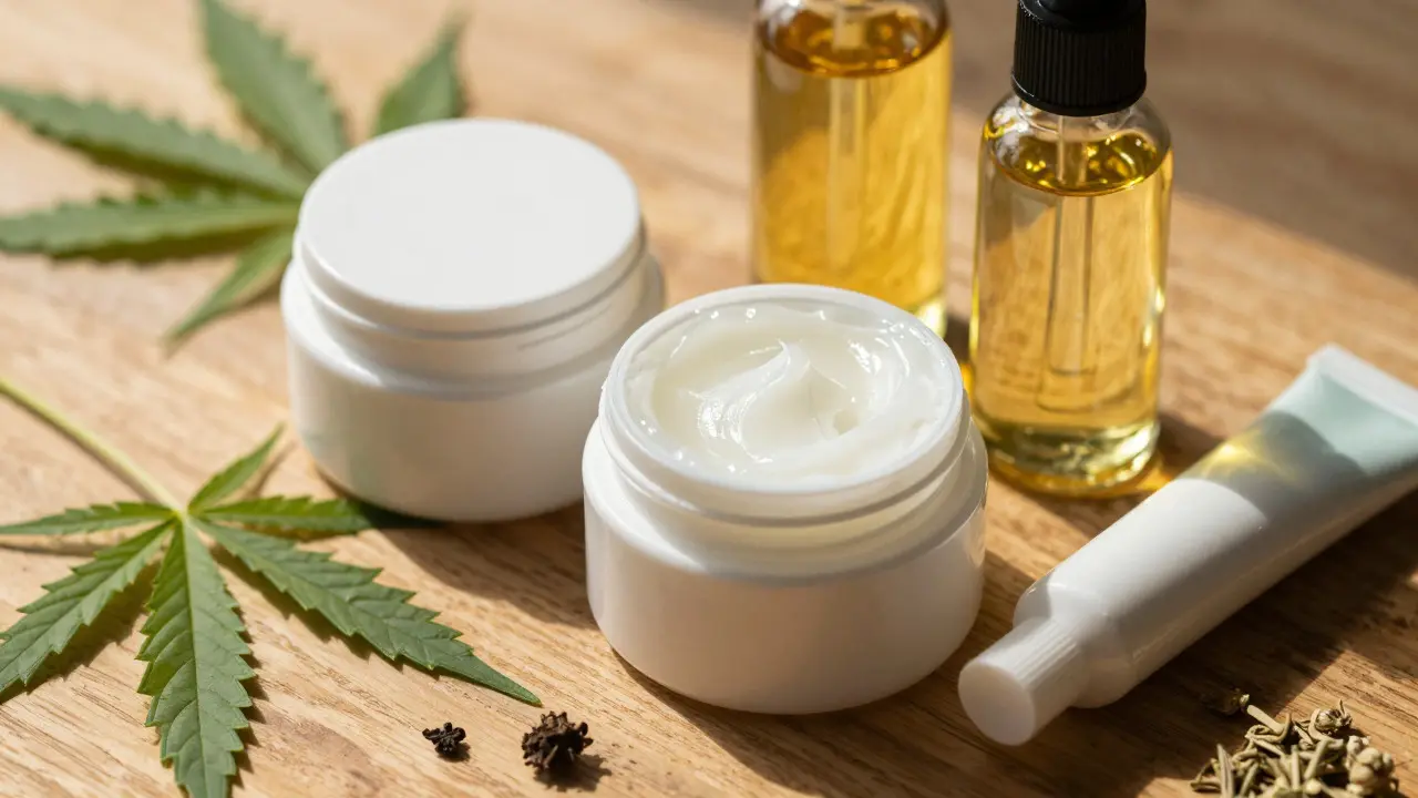 Různé CBD produkty na dřevěném povrchu s rostlinnými prvky