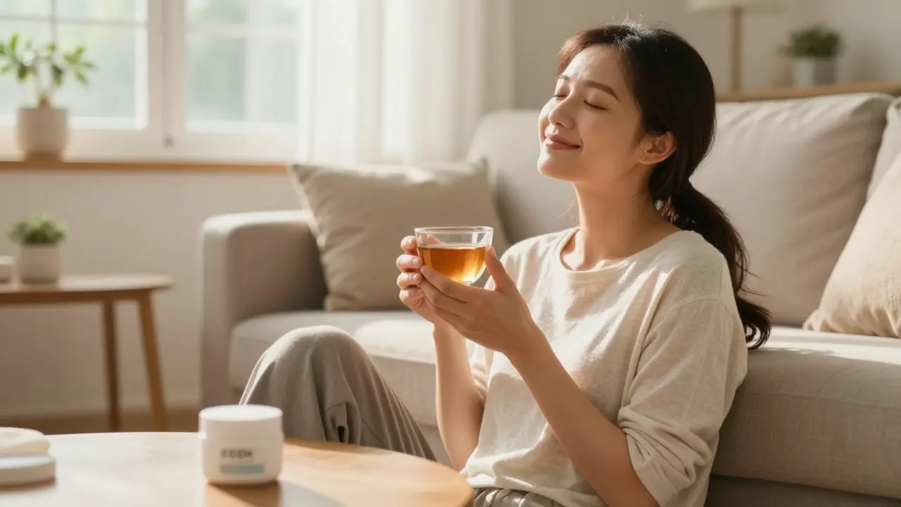 Žena relaxující doma po aplikaci CBD krému, vyzařující klid a úlevu