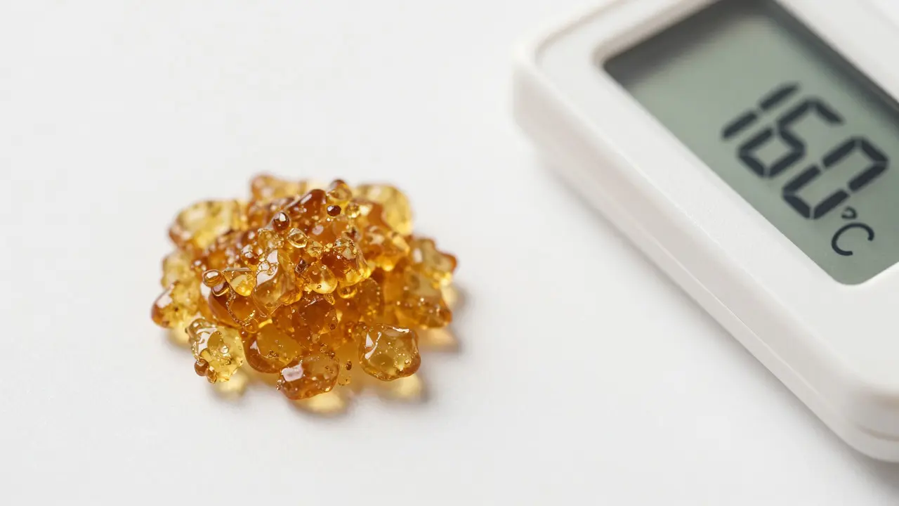 Zlatý CBD shatter vedle digitálního teploměru nastaveného na nízkou teplotu