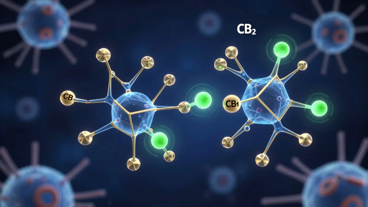 Abstraktní ilustrace interakce CBD molekul s receptory endokanabinoidního systému