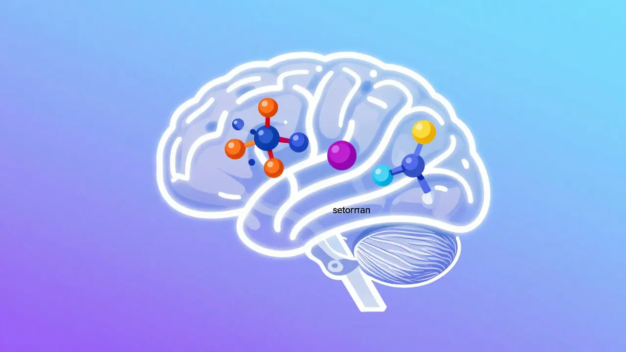 Abstraktní ilustrace mozku s neurochemickými spojeními a molekulami štěstí