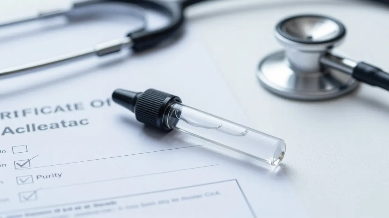 CBD kartuše na lékařském stole vedle certifikátu analýzy