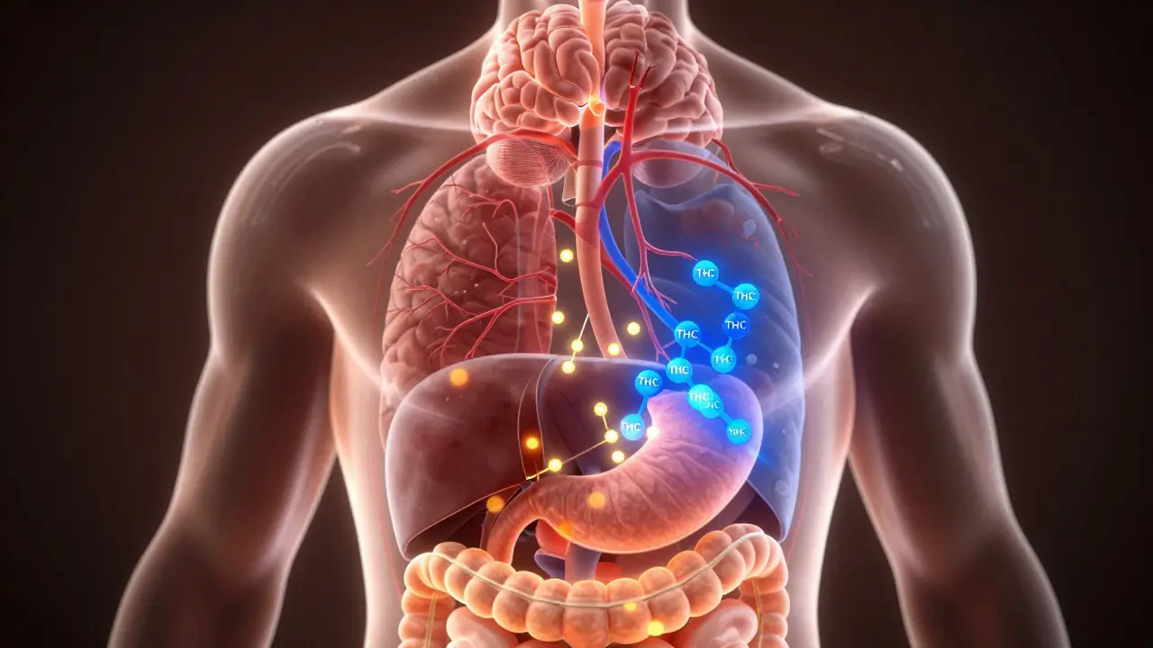 Ilustrace přeměny THC v játrech na silnější metabolit putující do mozku.