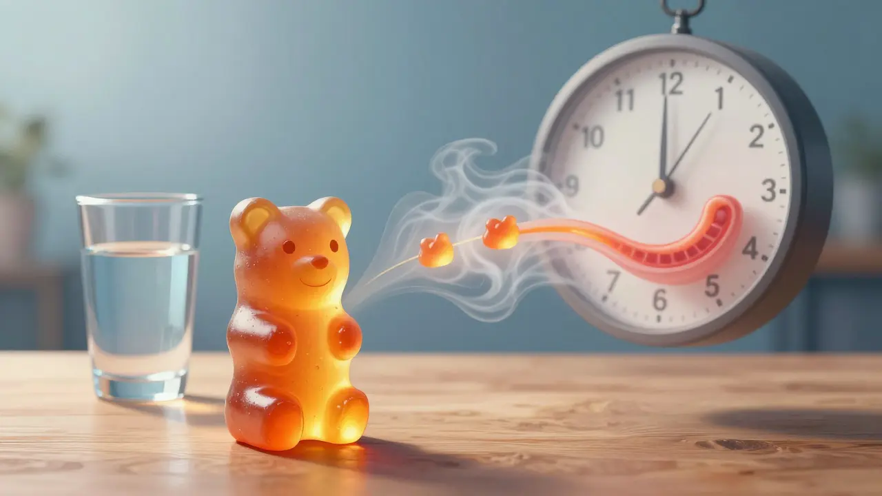 Konceptuální ilustrace gummi medvídku a rozpuštěného hodinového ciferníku