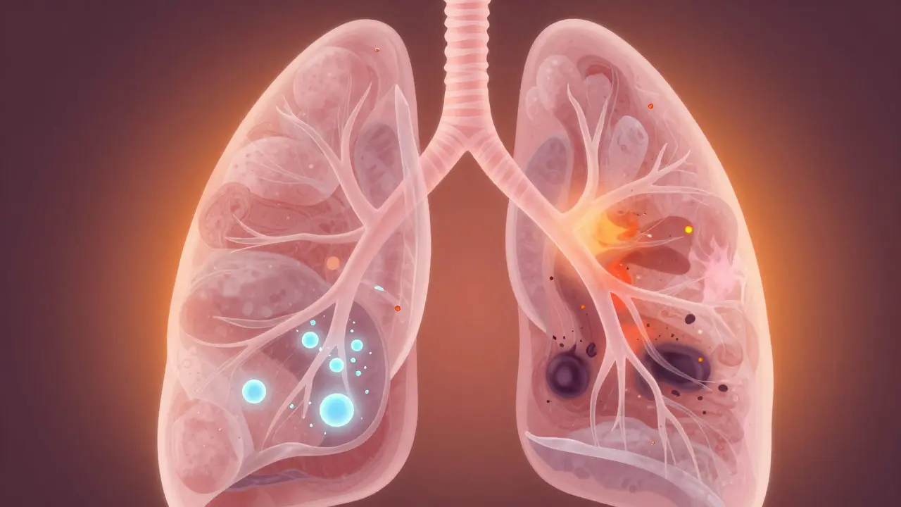 Konceptuální ilustrace plic s částicemi aerosolu uvnitř alveol