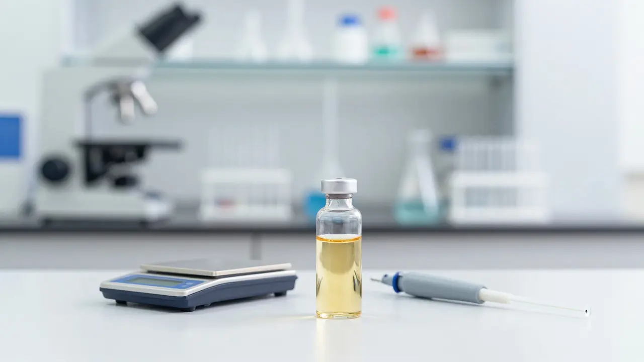 Laboratorní scéna se skleněnou lahvičkou zlatého oleje a vybavením