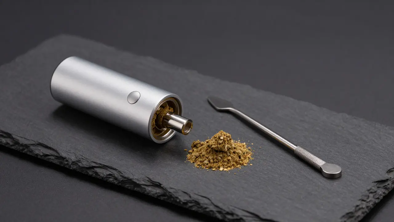 Moderní deskový vaporizér s nástrojem a hromádkou CBD crumble