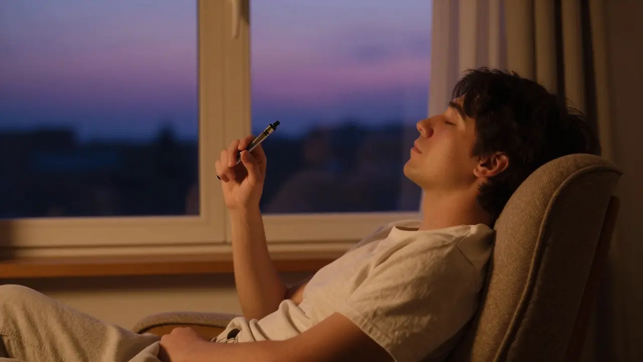 Osoba relaxující v křesle večer po inhalaci CBD, vyzařující klid a pohodu.