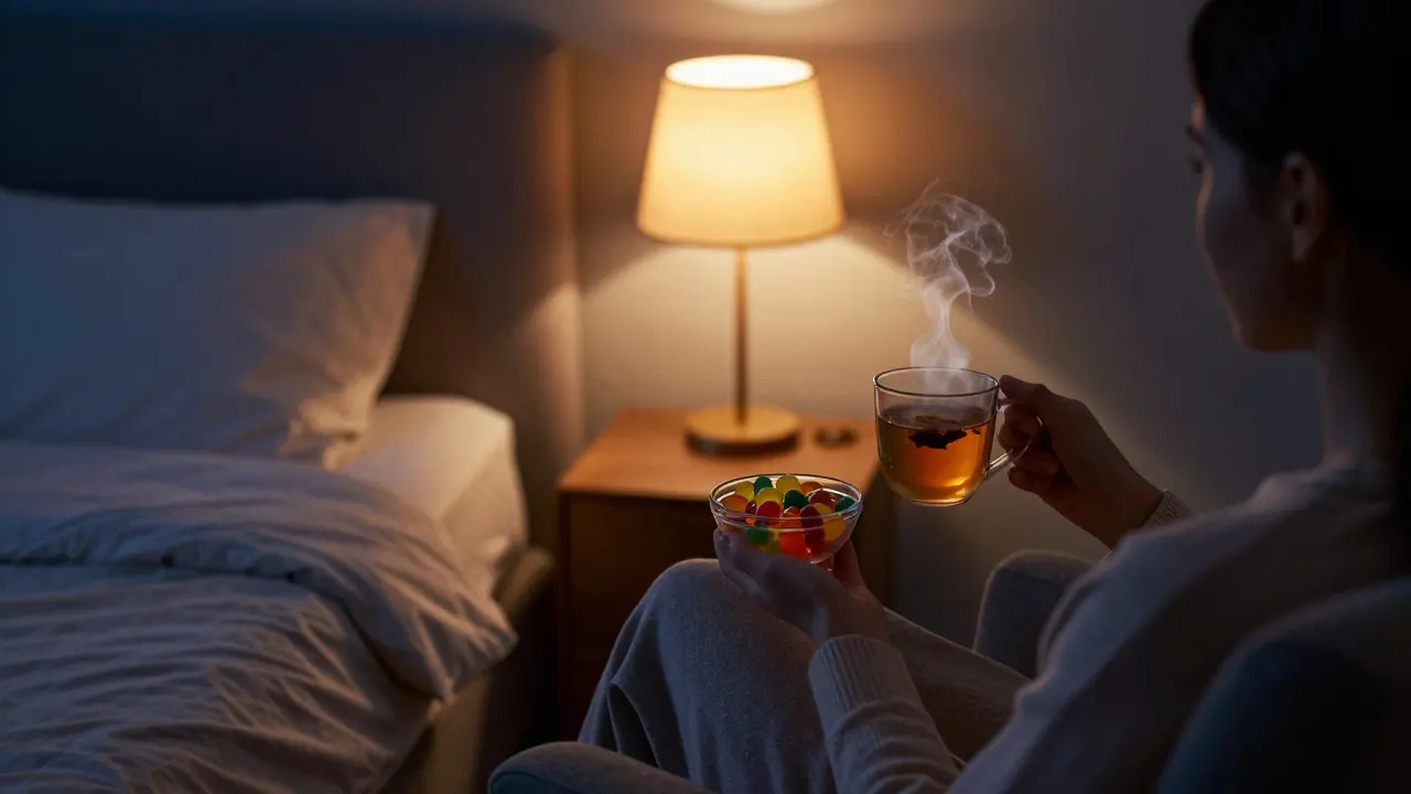 Osoba si připravuje večerní rituál s čajem a gummy v posteli