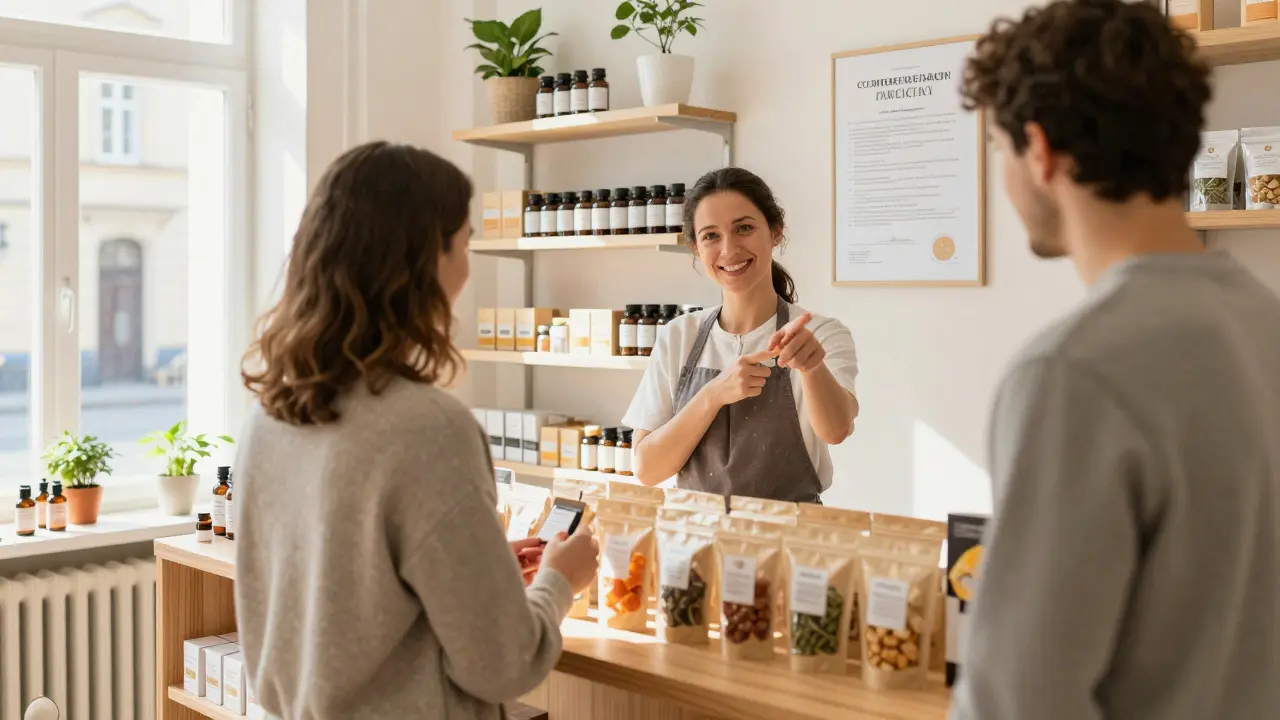 Zákupník v prodejně konopných produktů zkoumá certifikát kvality na zdi