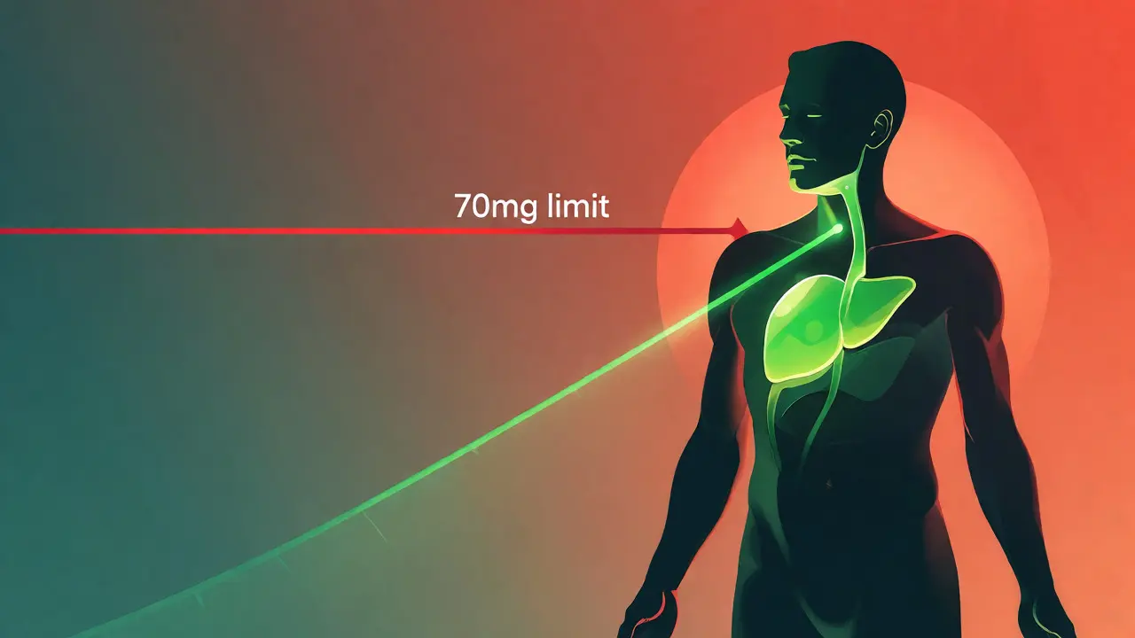 Konceptuální ilustrace lidské siluety s hladinou CBD blížící se bezpečnostnímu limitu.