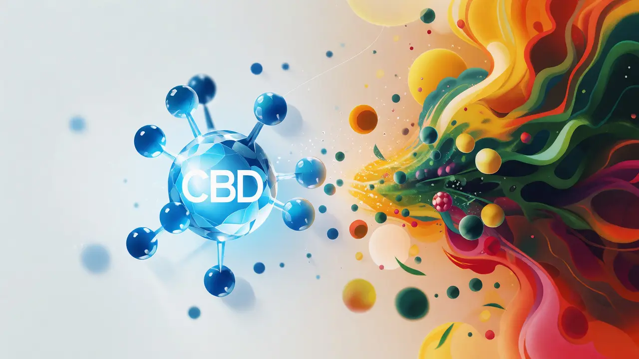 Konceptuální ilustrace rozdílů mezi čistým izolátem CBD a plnospektrálním extraktem s terpeny.