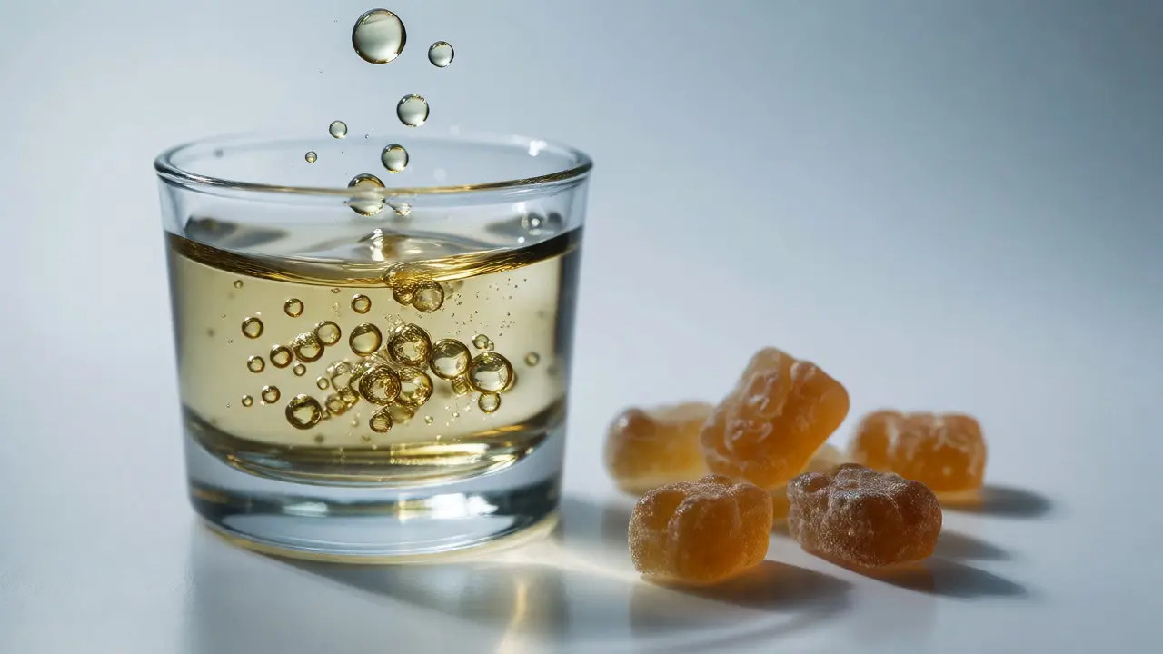 Makro fotografie kapek CBD oleje padajících do sklenice vody vedle gum.