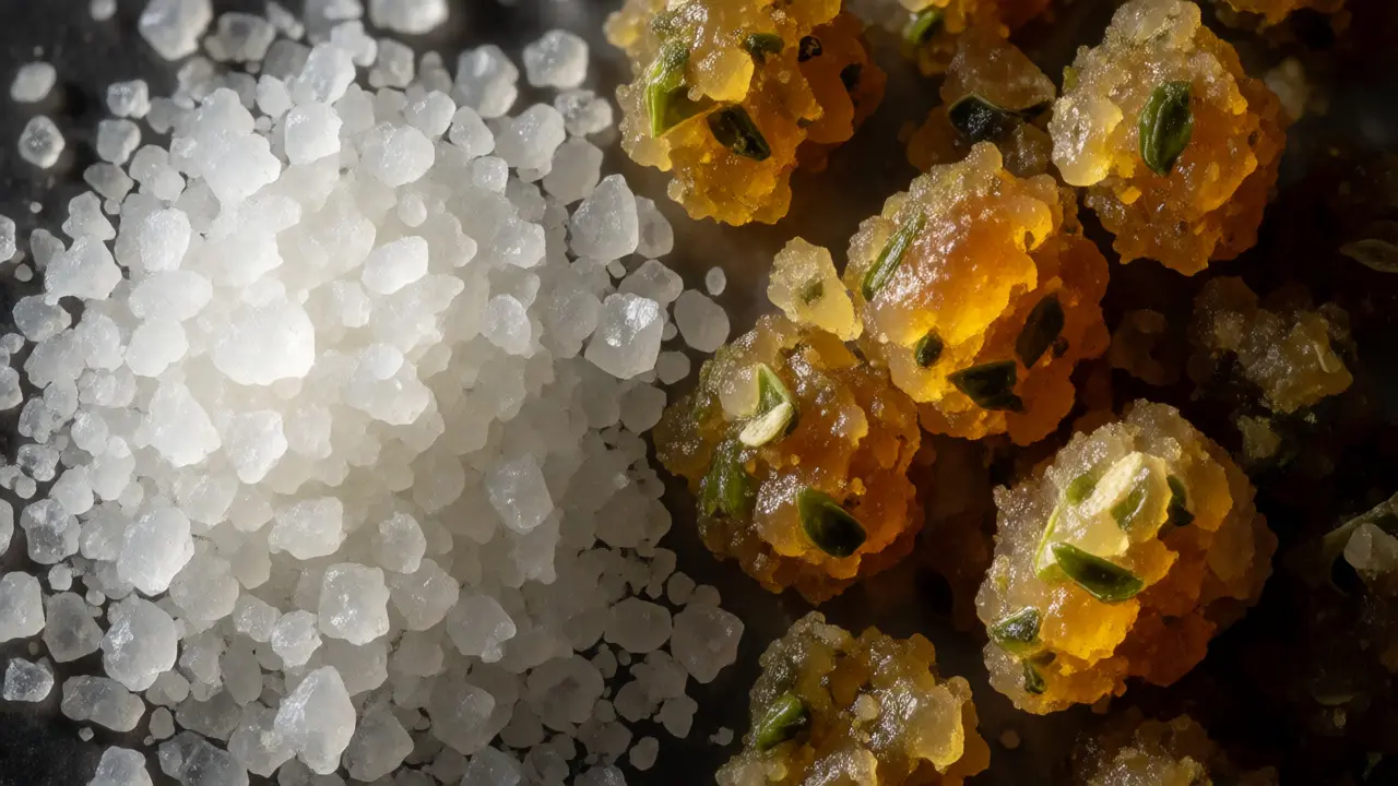 Makro záběr srovnávající krystalický izolát a terpenový extrakt