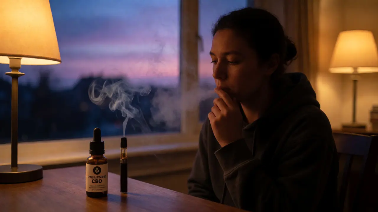 Osoba u okna při soumraku zamyšleně hledí na CBD olej a vape pero