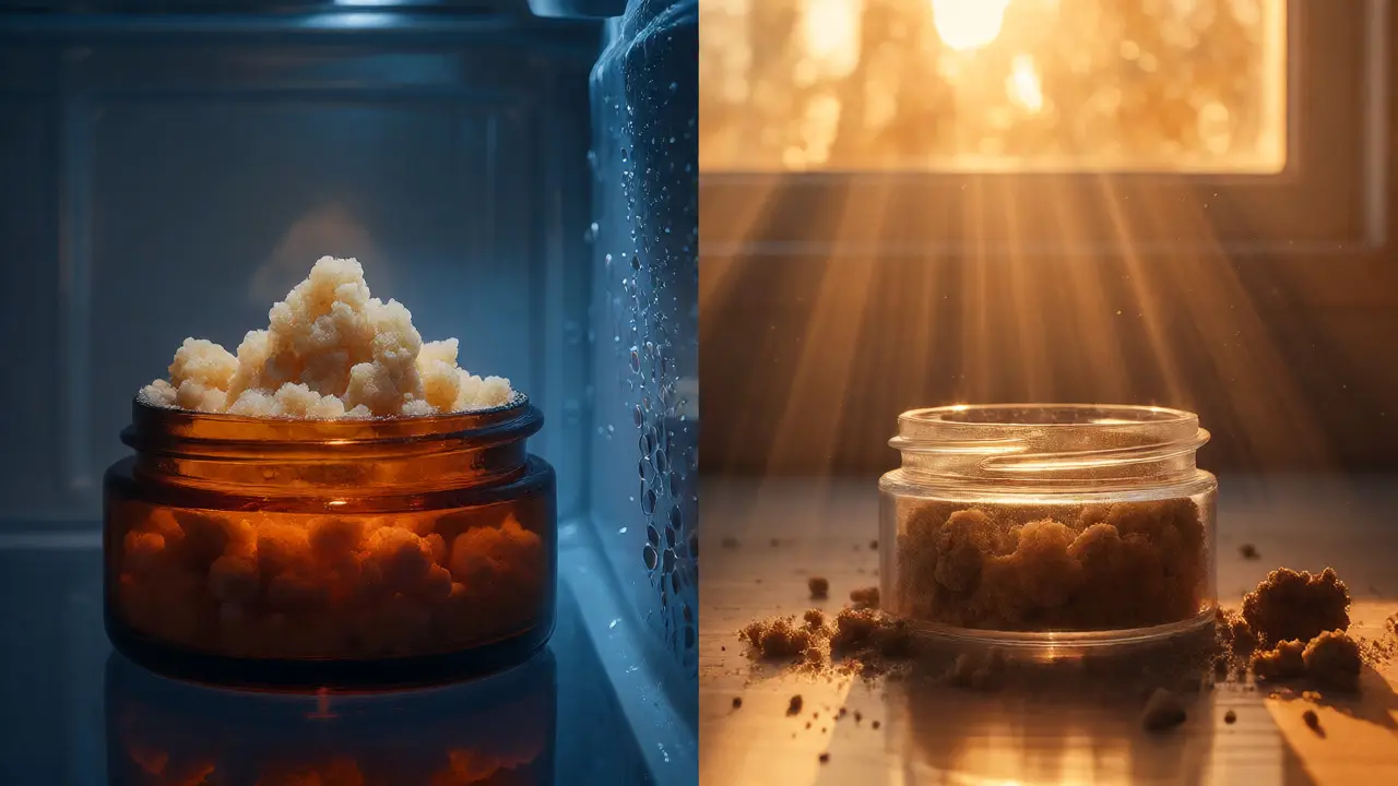 Porovnání čerstvého crumble v chladu a oxidovaného crumble na slunci