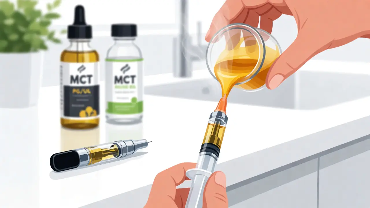 Příprava CBD crumble pro vaping pomocí ředidla a stříkačky