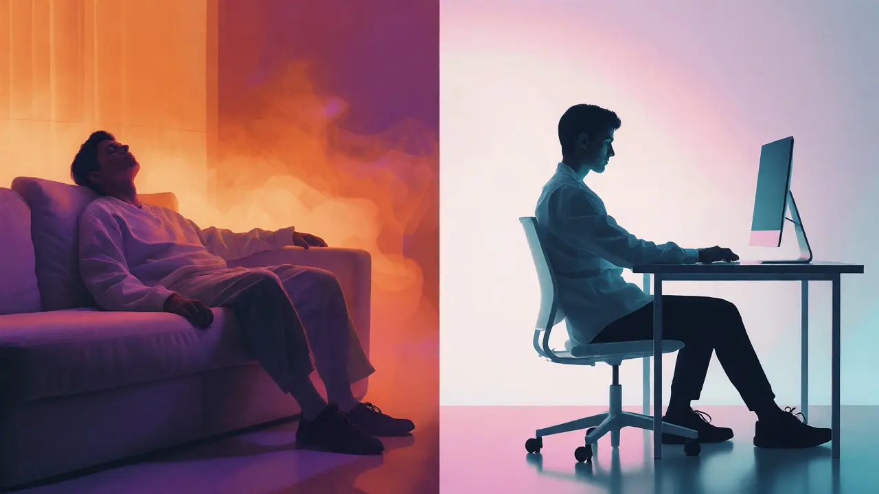 Rozdělený obraz osoby relaxující na gauči versus soustředěné u stolu