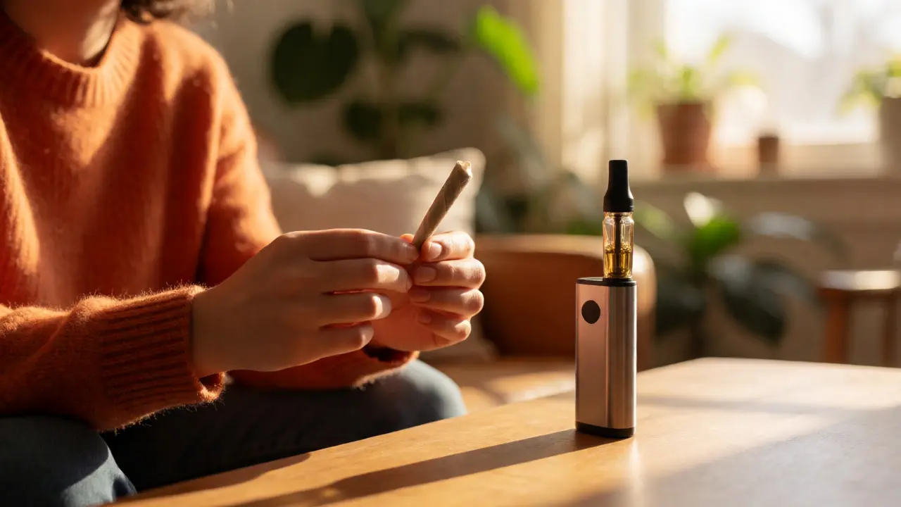 Ruka držící blunt z konopného papírku vedle přenosného vaporizéru