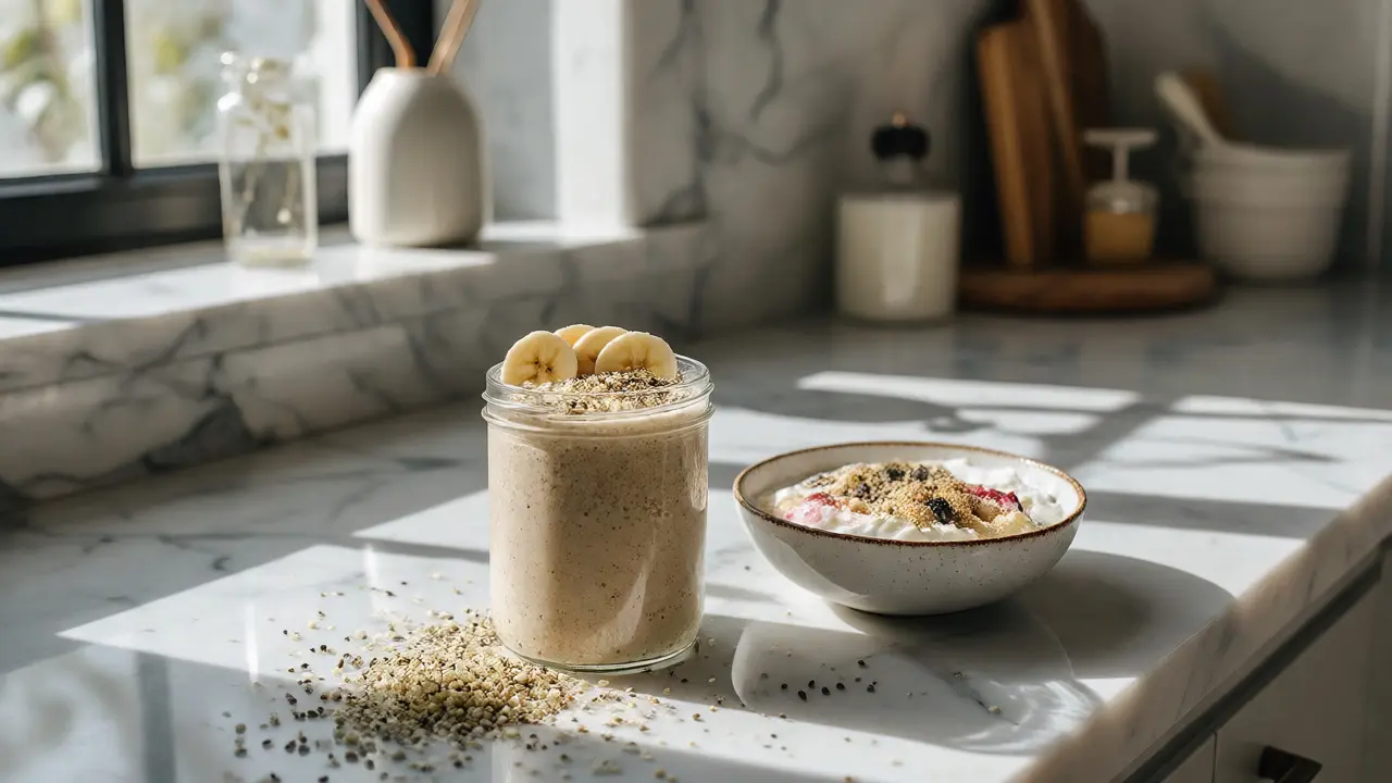 Zdravá snídaně s jogurtem a smoothie posypané konopnými semínky