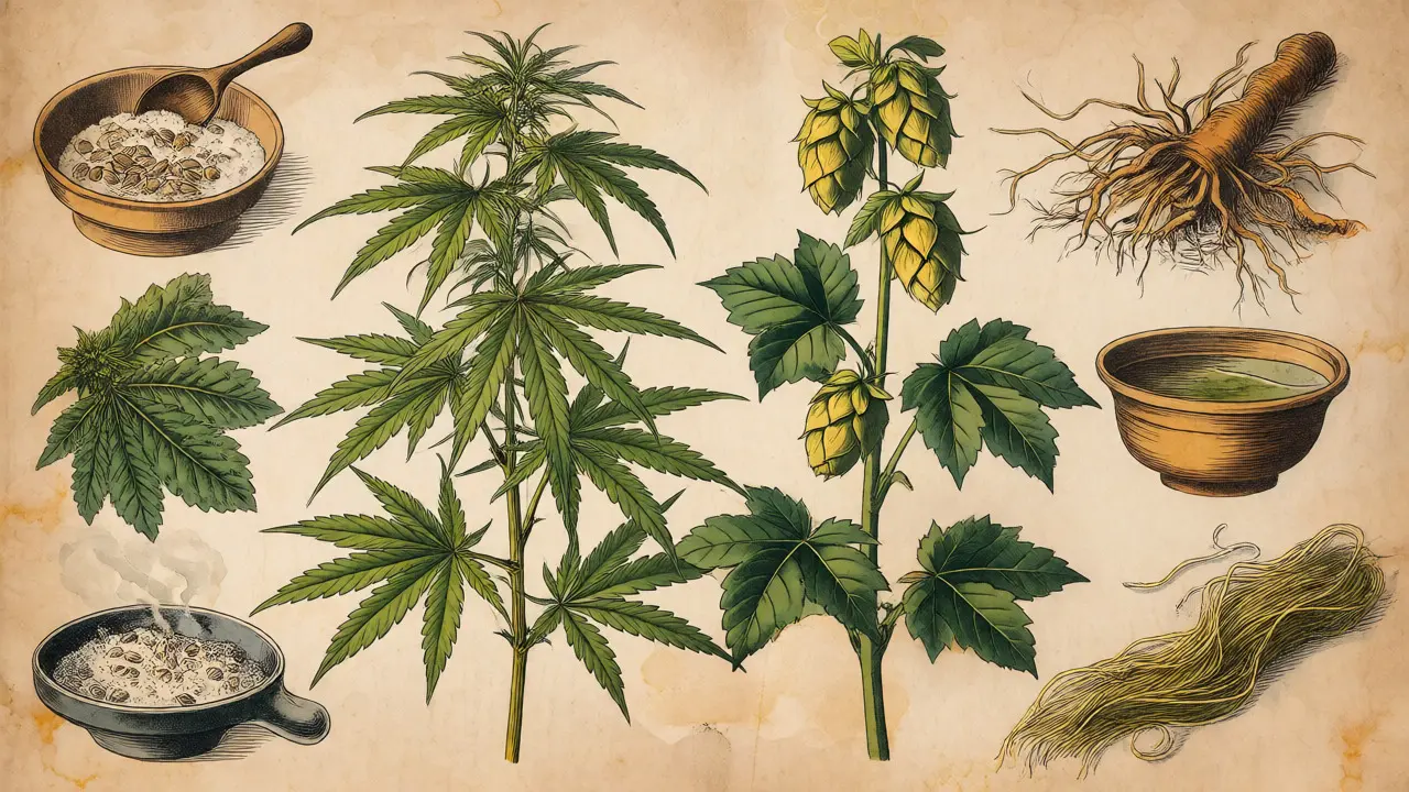 Botanická ilustrace konopí a chmele ve stylu herbáře