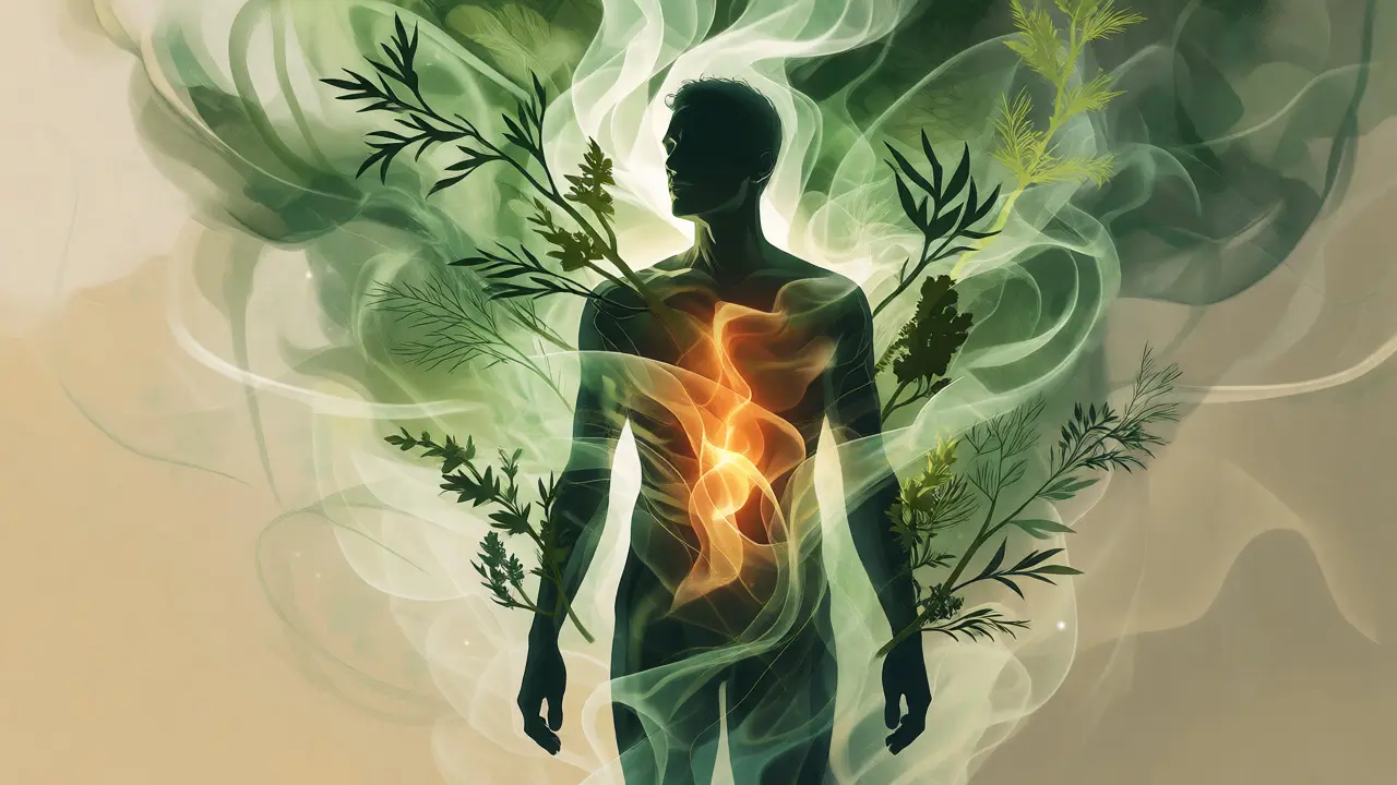 Konceptuální ilustrace účinků absintu: teplo v těle a bylinná aura bez halucinací