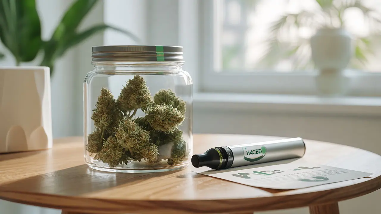 Květy H4CBD ve sklenici s vapem na čistém minimalistickém pozadí