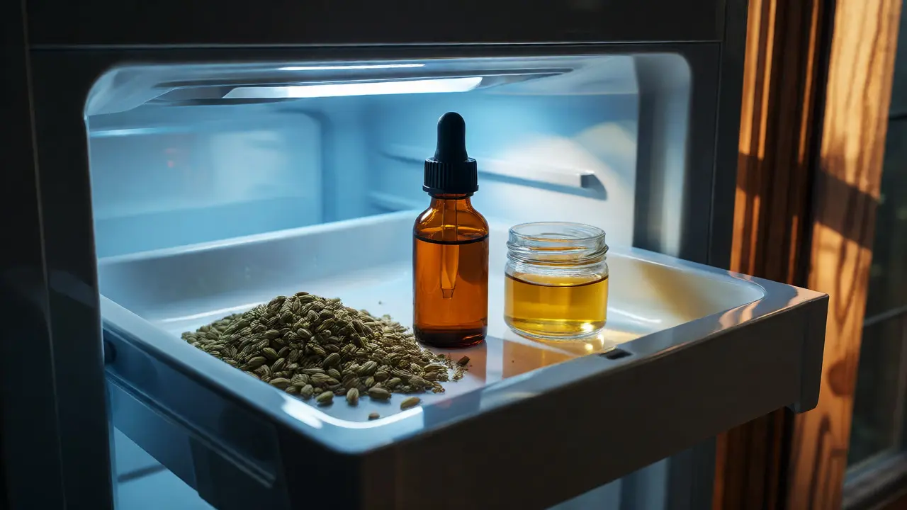 Lahvička CBD oleje uložená v chladničce vedle konopných semen