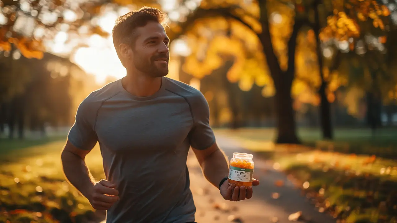 Muž běžící v parku při západu slunce s krabičkou CBD gummies v ruce, symbolizující zdravý životní styl.