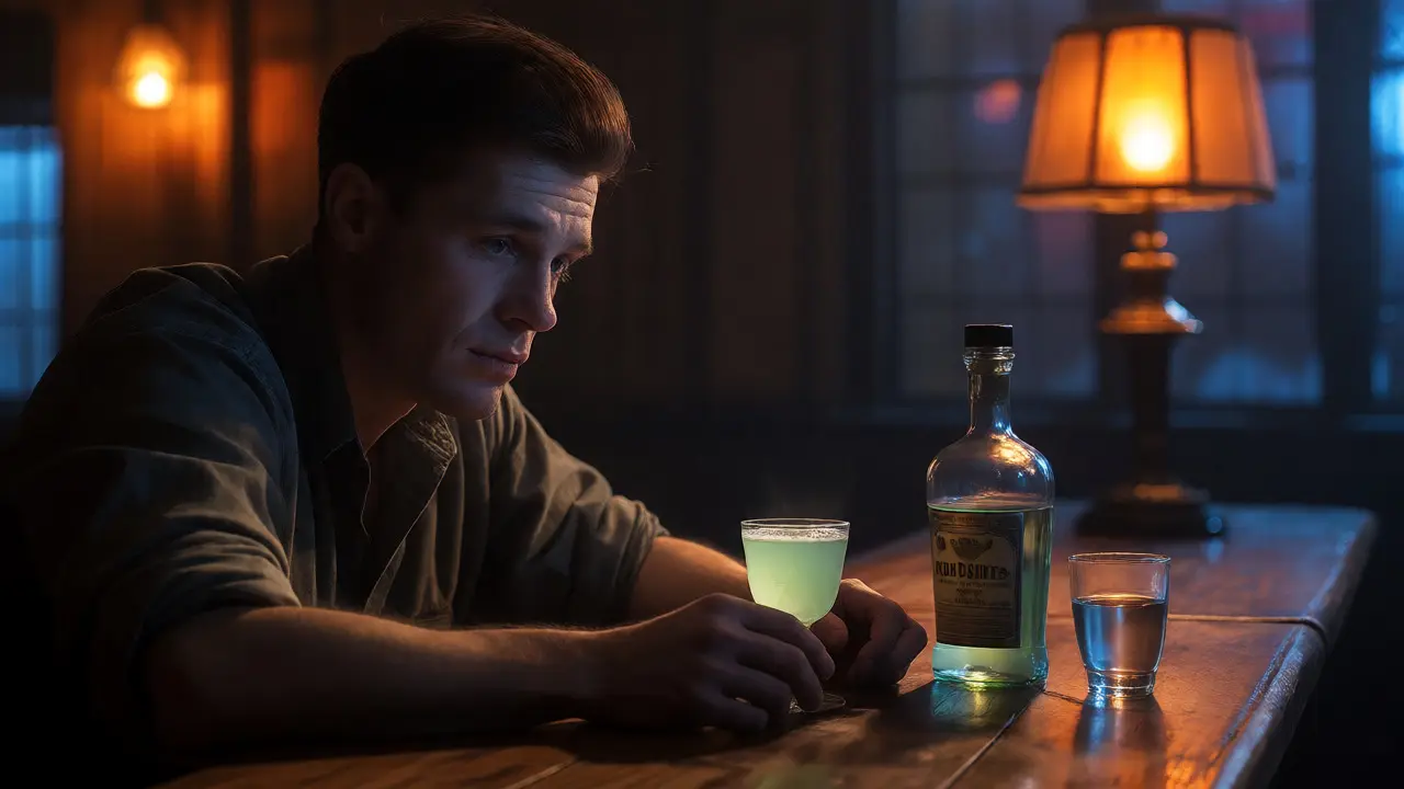 Muž u baru se sklenicí zkaleného absintu ve večerním osvětlení