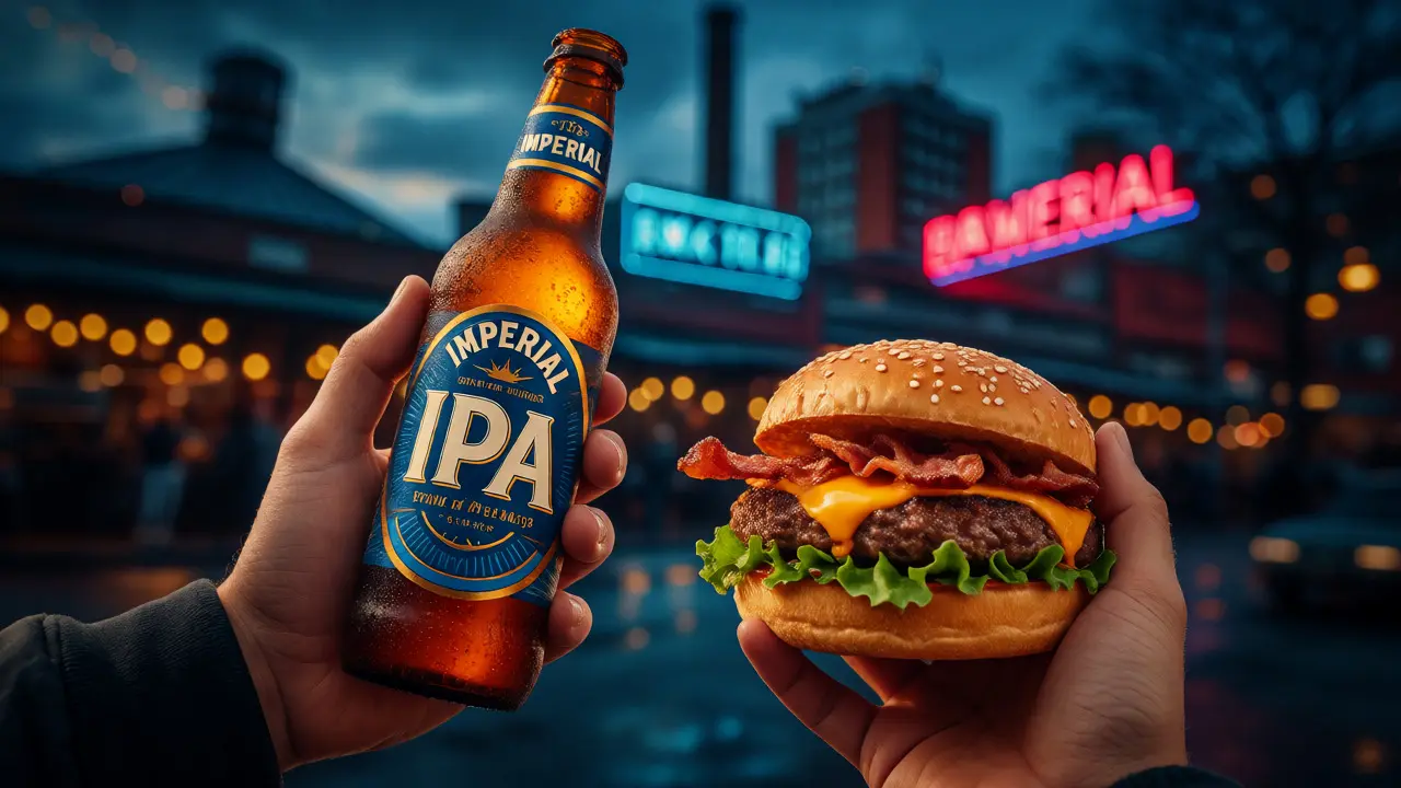 Osoba držící láhev silného piva a burger s bekonem v osvětleném pivovaru večer.