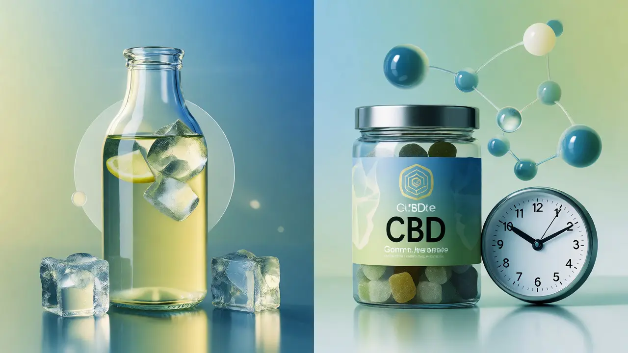 Porovnání lahve s CBD nápojem a sklenice s CBD gumenkami vedle hodin.