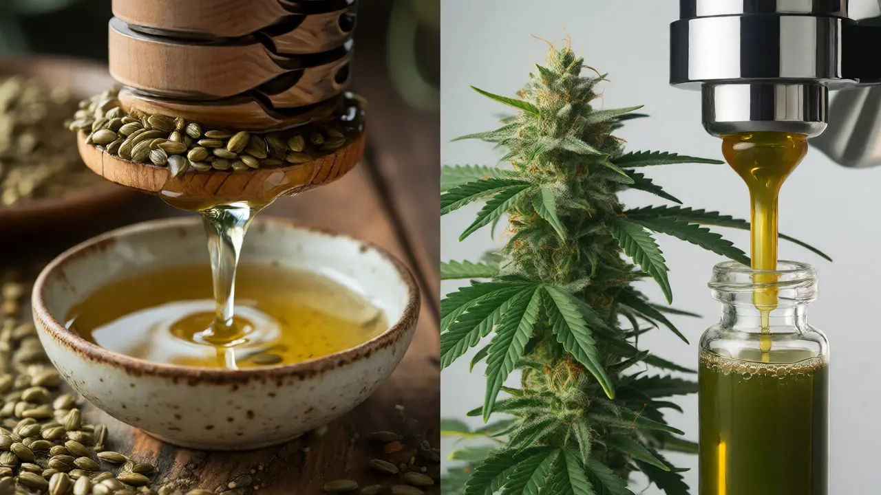 Porovnání lisování konopných semen pro olej a extrakce z květů konopí pro CBD.