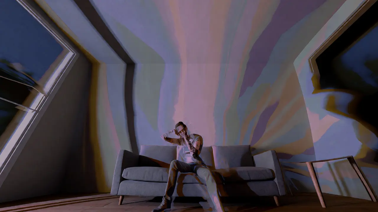 Surrealistické zobrazení disociace a zkreslené reality po předávkování