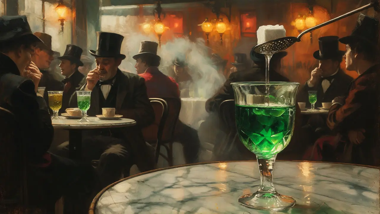 Výjev z pařížské kavárny 19. století s podáváním zeleného absintu