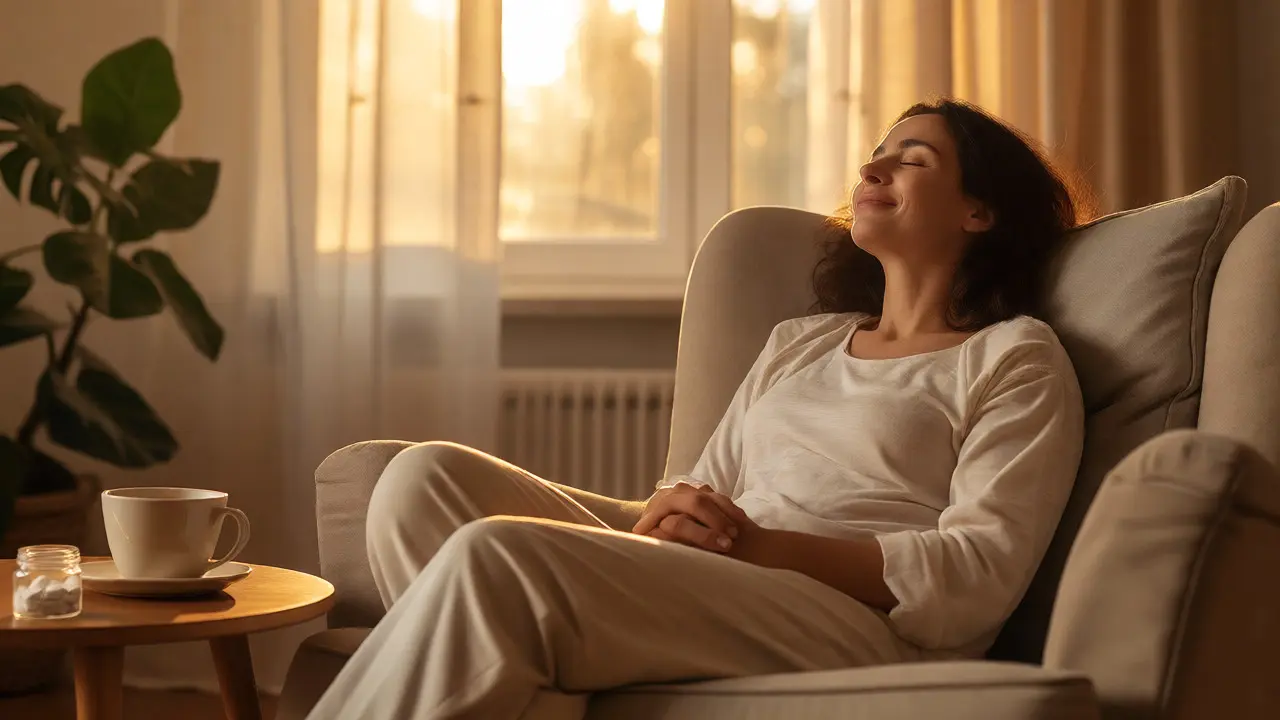 Žena relaxující v křesle s klidným výrazem obličeje